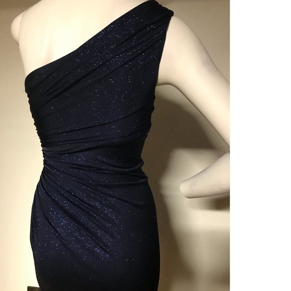 Le Chateau Navy Blue stretchy shiny sparkle metallic one shoulder dress NWT - Picture 7 of 8
